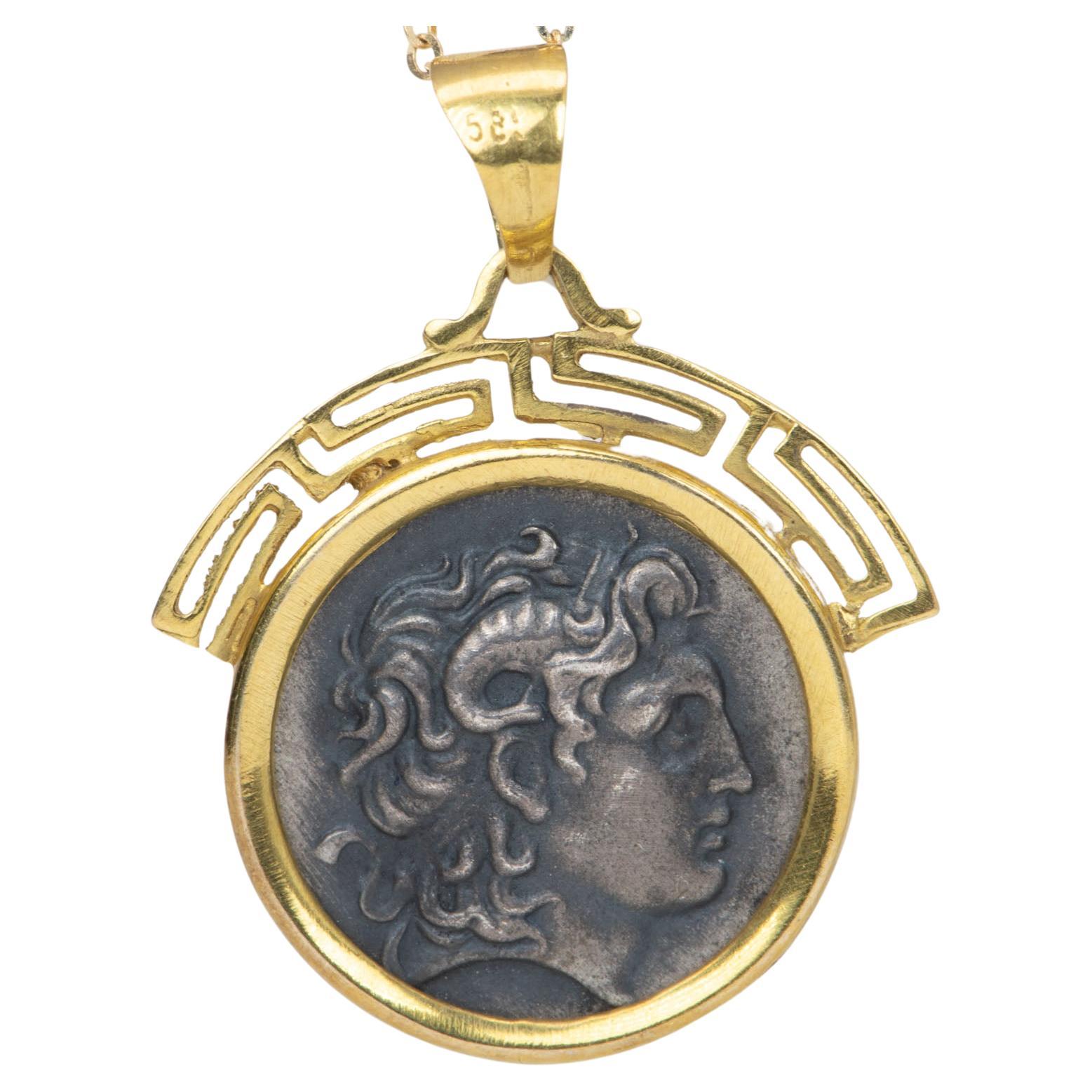 Alexander the Great Silver Coin Medallion Pendant 14K Gold Greek Key V1094 For Sale