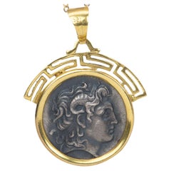 Alexander der Große Silbermünze Medaillon-Anhänger 14K Gold Griechischer Schlüssel V1094