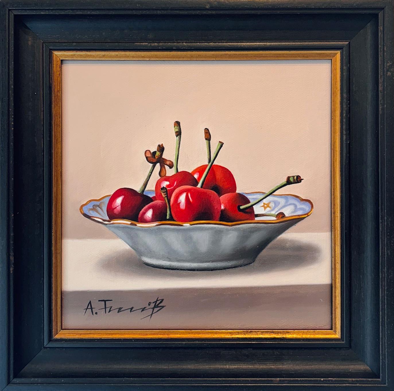 Ciliegie in un piattino - pittura ad olio di natura morta originale e realistica - arte contemporanea - Art di alexander titorenkov