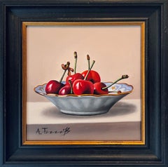 Ciliegie in un piattino - pittura ad olio di natura morta originale e realistica - arte contemporanea