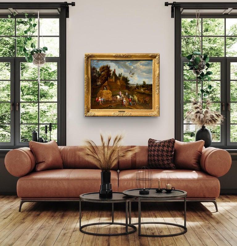 Large 17th century Flemish Harvest Feast Painting - Landscape Countryside For Sale 9