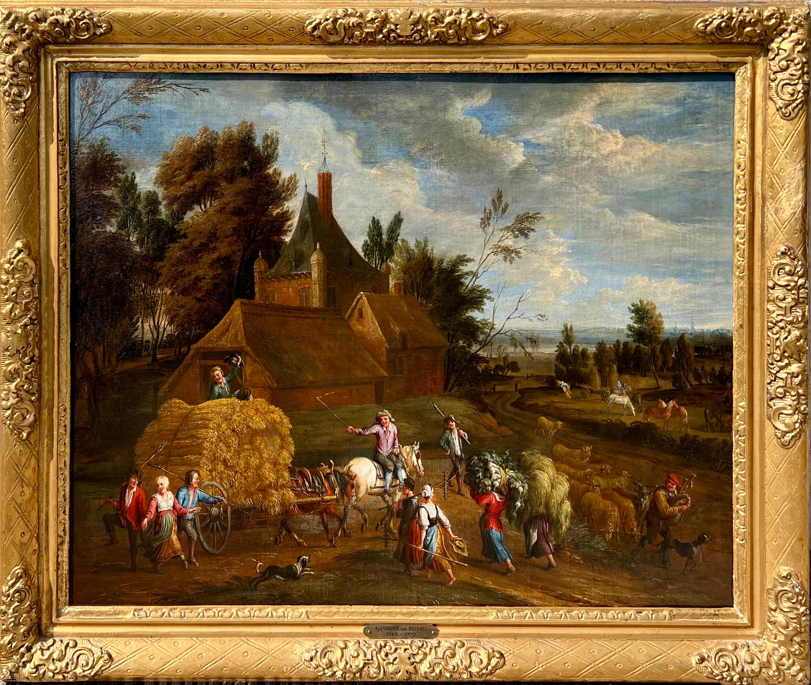 Alexander Van Bredael Figurative Painting - Large 17th century Flemish Harvest Landscape Painting - Countryside