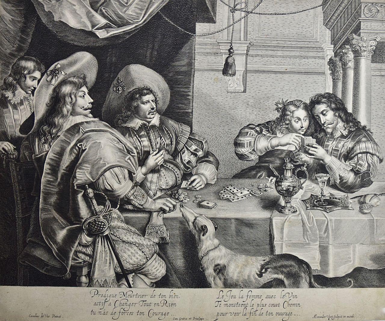 Alexander Voet Interior Print –  Das Kartenspiel: Ein Kupferstich von A. Voet nach Cornelis de Vos aus dem frühen 17. Jahrhundert