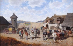 In the Courtyard, Realist Oil Painting on Panel, Framed, Circa 1870