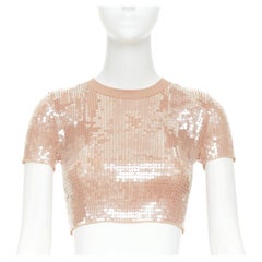 ALEXANDER WANG 2023 – Kurzer Pullover mit Pailletten, gerippt, nude-beige, transparente Pailletten, Größe XS