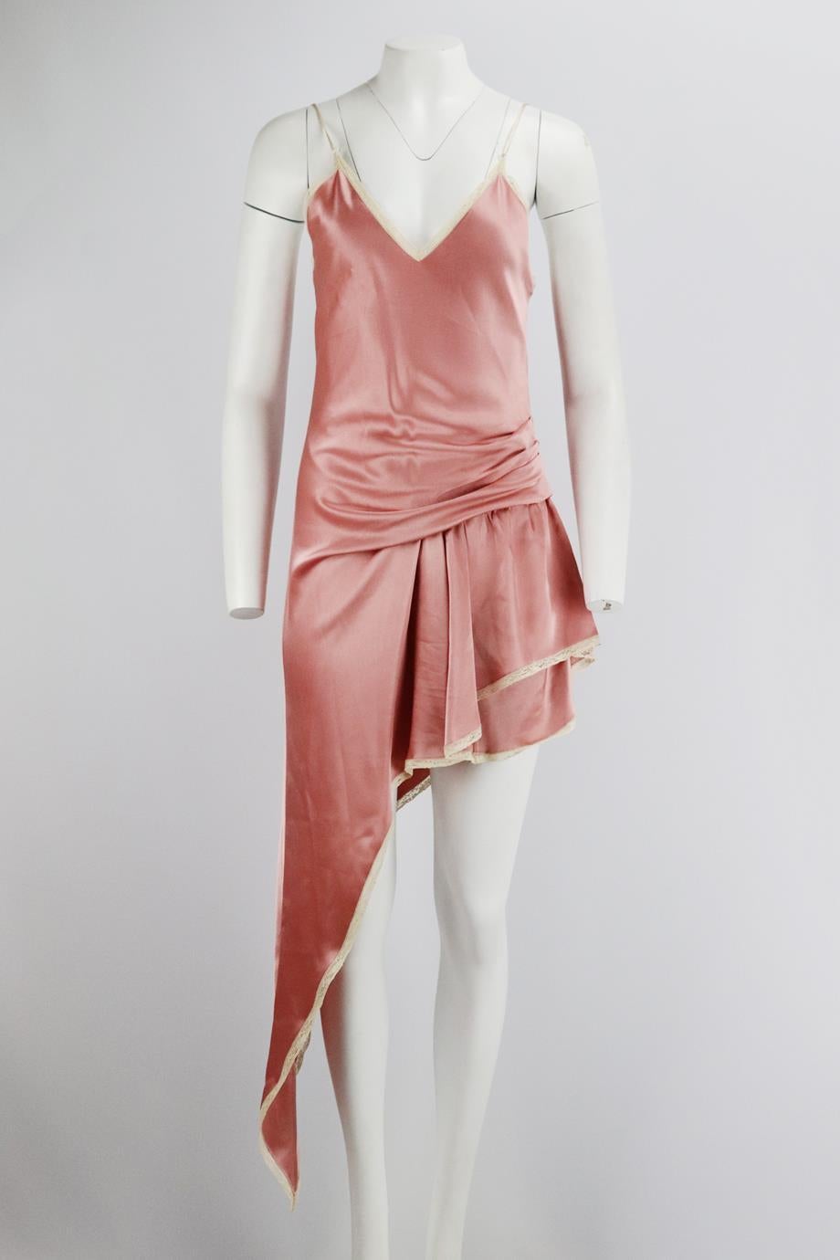 Alexander Wang asymmetric lace trimmed satin playsuit. Pink. Sleeveless, v-neck. Concealed zip fastening at back. 80% Triacetate, 20% polyester; combo: 100% silk; lining: 100% polyamide; trim: 90% cotton, 10% nylon. Size: US 2 (UK 6, FR 34, IT 38).