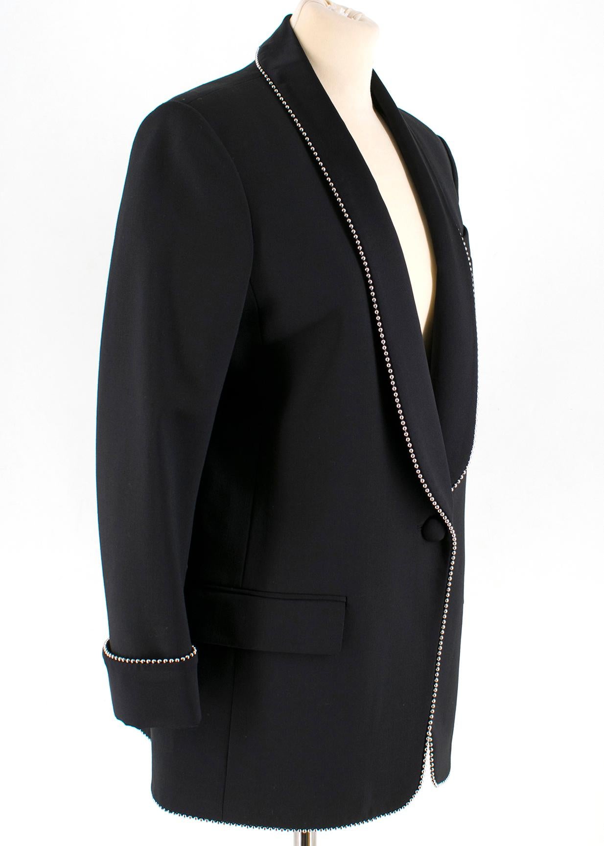 Alexander Wang Bead-Embellished Black Wool-Blend Blazer

- black wool blazer
- silver tone detail embellished trim
- silk lining 
- button fastening 
- lightly padded shoulders

Please note, these items are pre-owned and may show some signs of