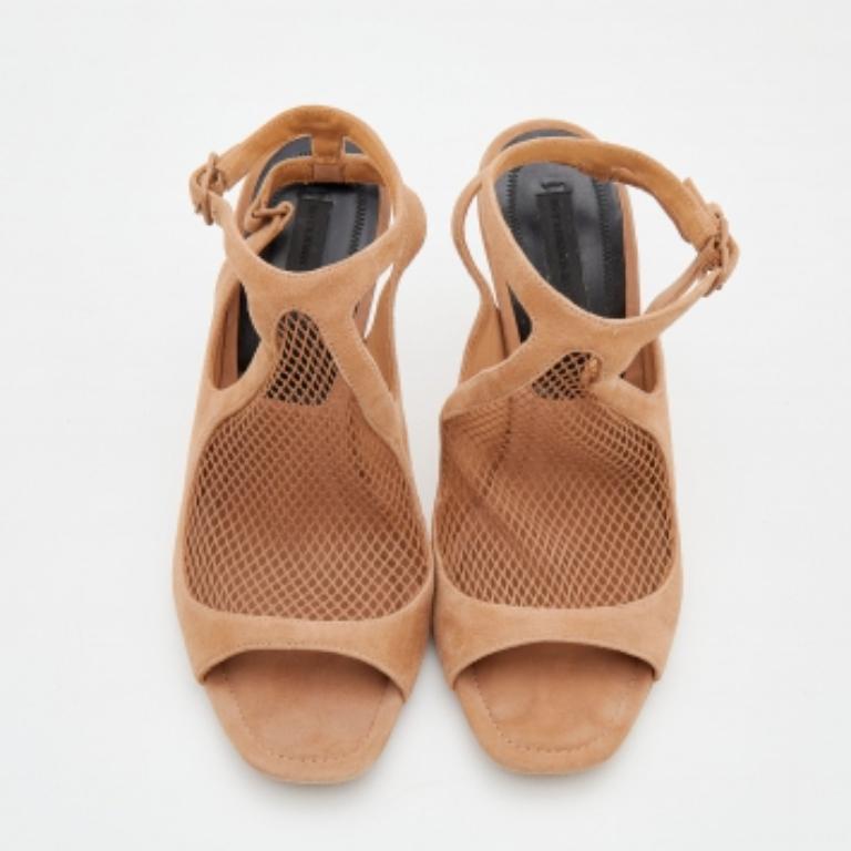 Alexander Wang Beige Suede and Fishnet Piper Ankle Strap Sandals Size 37.5 In Good Condition For Sale In Dubai, Al Qouz 2