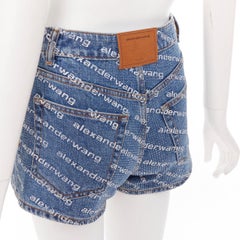 ALEXANDER WANG Bite blue denim crystal rhinestone hotfix logo mini shorts 25"