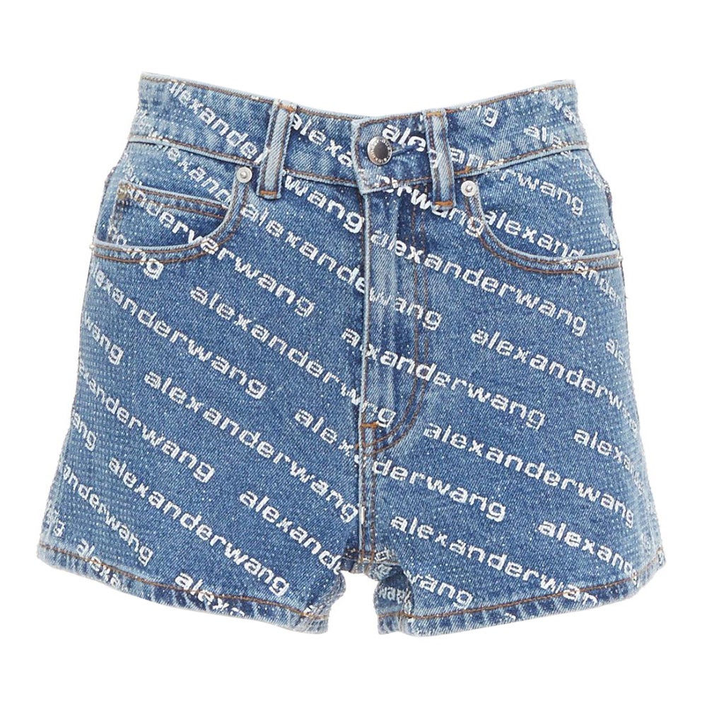 ALEXANDER WANG Bite mini shorts de tela vaquera azul con logotipo de pedrería y cristales 25 en venta