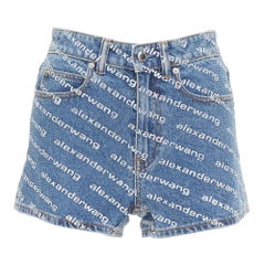 Mini-short en denim bleu avec logo hotfix en cristal et strass ALEXANDER WANG 25"