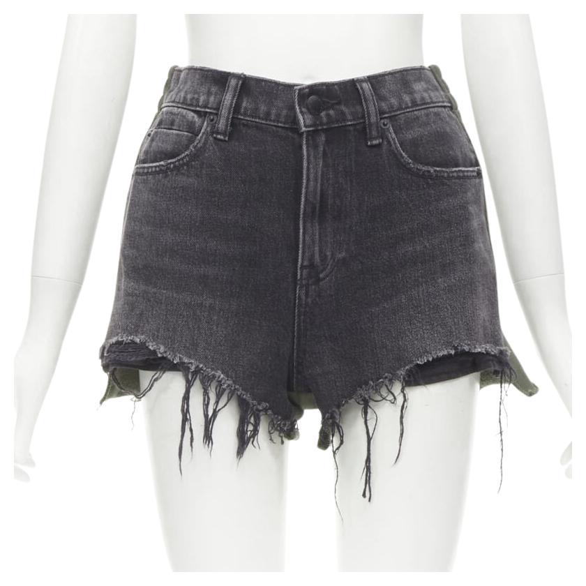 ALEXANDER WANG Bite Clash High Rise black denim green sweats cut off shorts 24" For Sale
