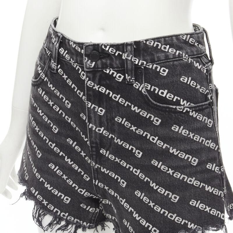 ALEXANDER WANG Bite High Rise black logo print cut off denim shorts 24