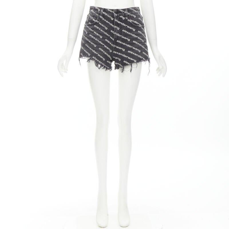 ALEXANDER WANG Bite High Rise black logo print cut off denim shorts 24