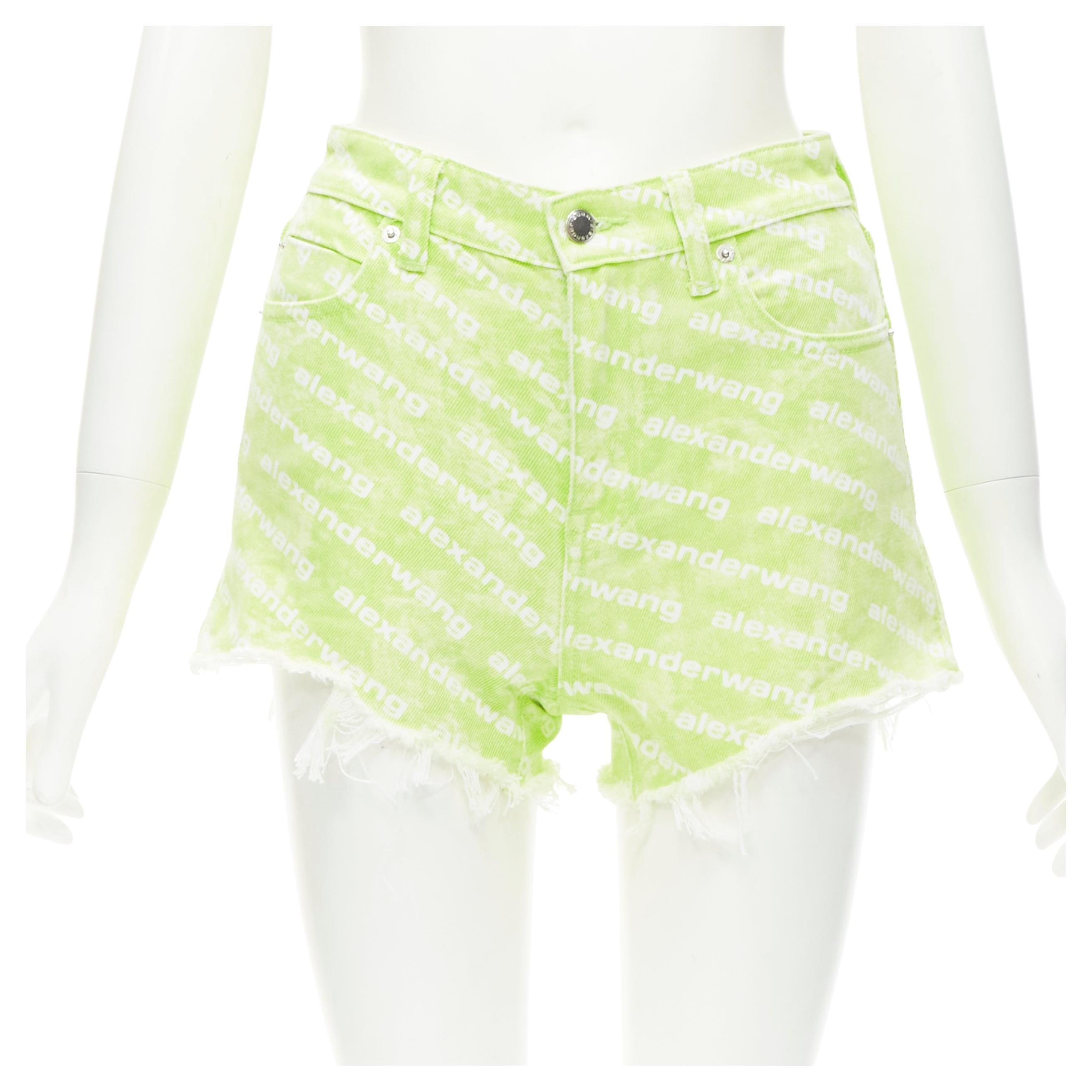 ALEXANDER WANG Bite High Rise green logo print cut off denim shorts 24" For Sale