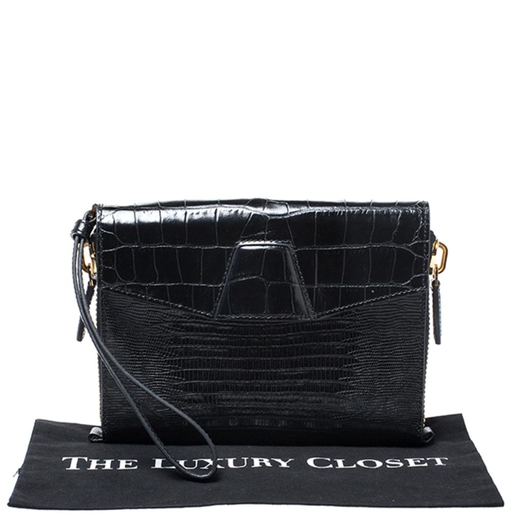 Alexander Wang Black Croc Embossed Leather Lydia Wristlet Clutch 4