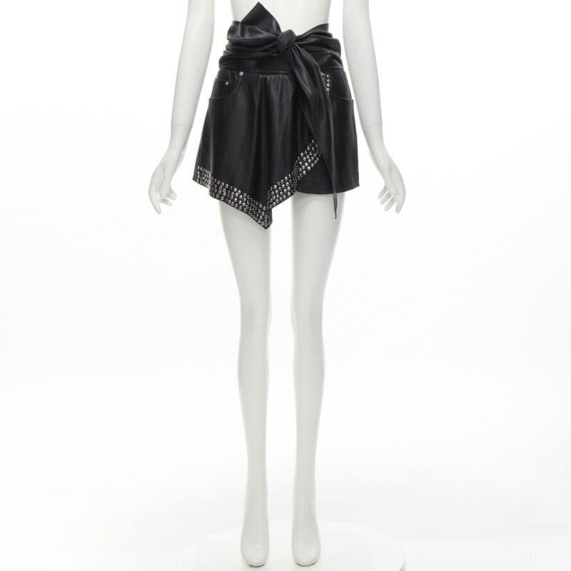 ALEXANDER WANG black faux leather silver studded draped wrap tie shorts US2 XS For Sale 5