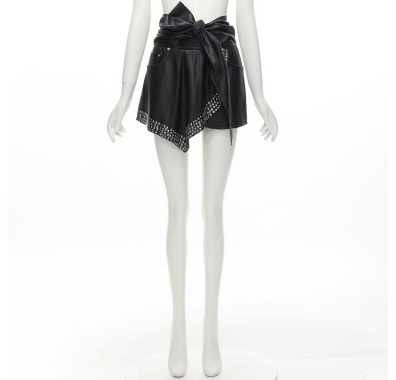 ALEXANDER WANG black faux leather silver studded draped wrap tie shorts US2 XS For Sale 5