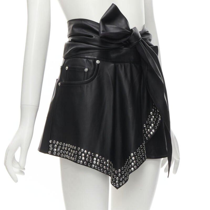 Black ALEXANDER WANG black faux leather silver studded draped wrap tie shorts US2 XS For Sale