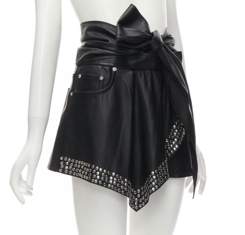 Black ALEXANDER WANG black faux leather silver studded draped wrap tie shorts US2 XS For Sale