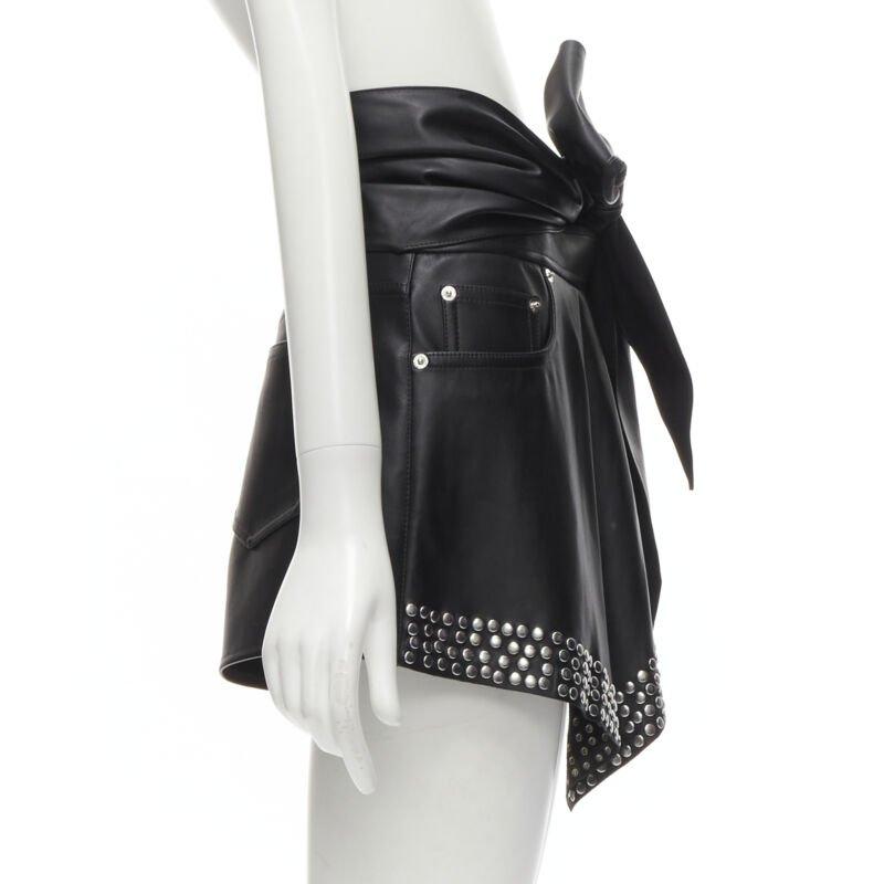 ALEXANDER WANG black faux leather silver studded draped wrap tie shorts US2 XS In Excellent Condition For Sale In Hong Kong, NT