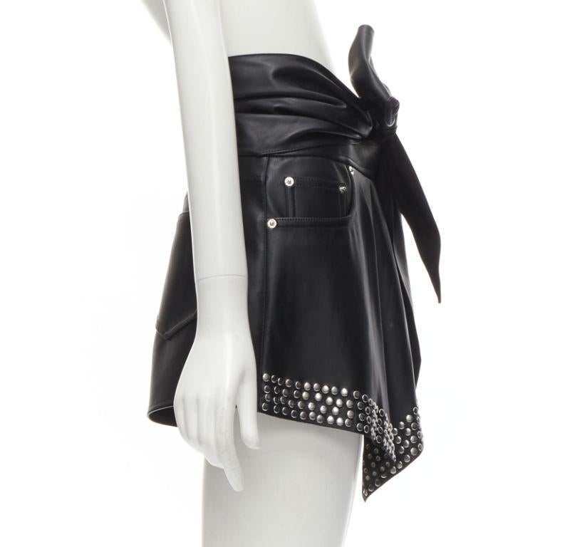 ALEXANDER WANG black faux leather silver studded draped wrap tie shorts US2 XS In Excellent Condition For Sale In Hong Kong, NT