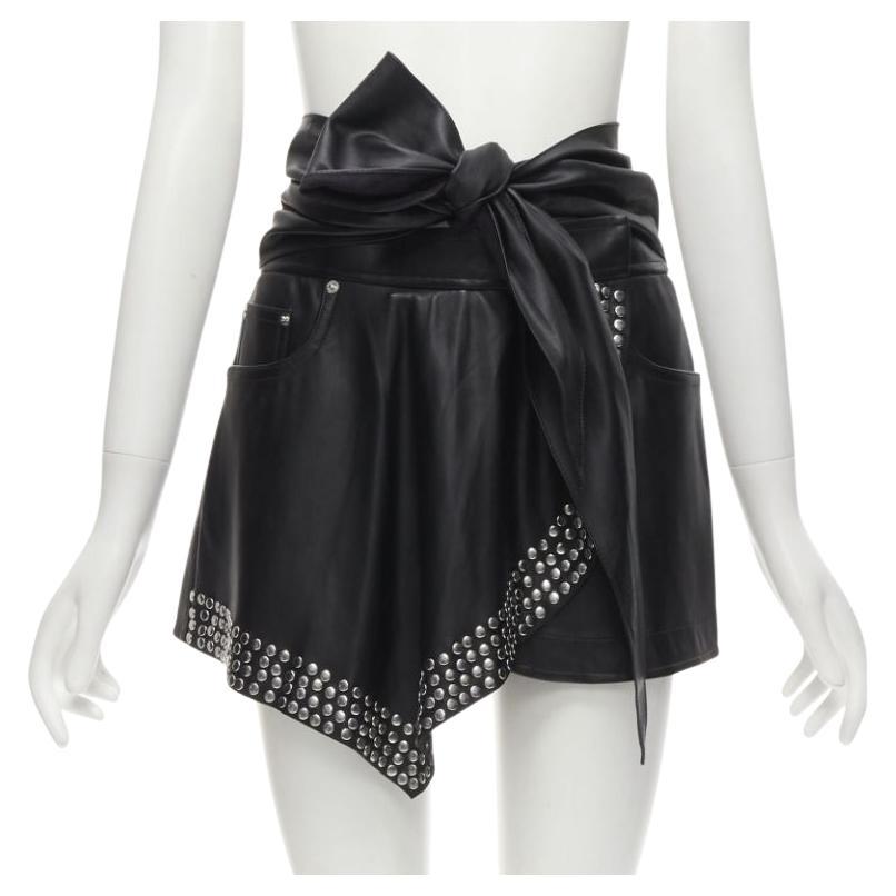 ALEXANDER WANG black faux leather silver studded draped wrap tie shorts US2 XS For Sale