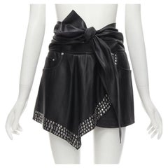 ALEXANDER WANG black faux leather silver studded draped wrap tie shorts US2 XS