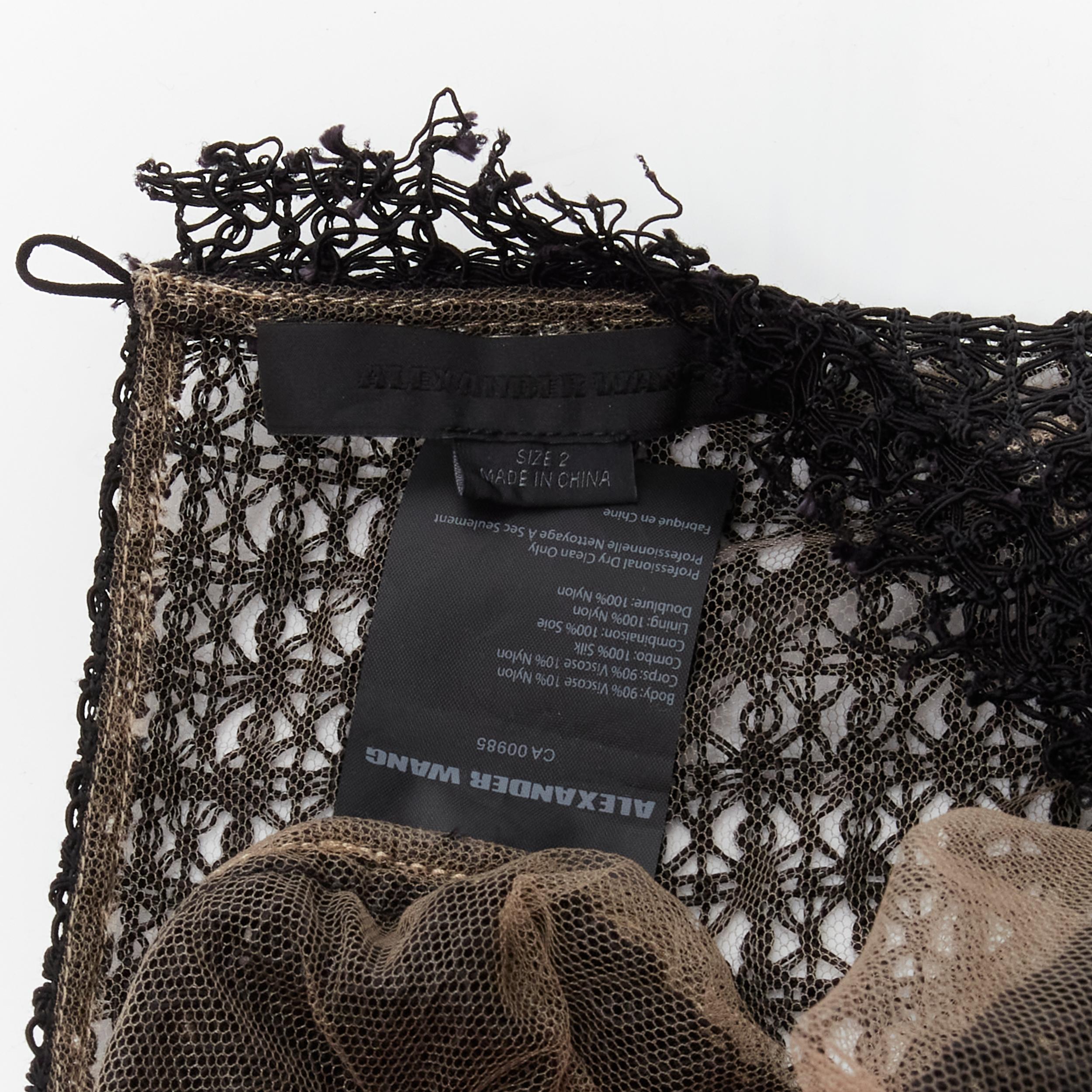 ALEXANDER WANG black lattice weave frayed trim nude silk lined top US2 XS 3