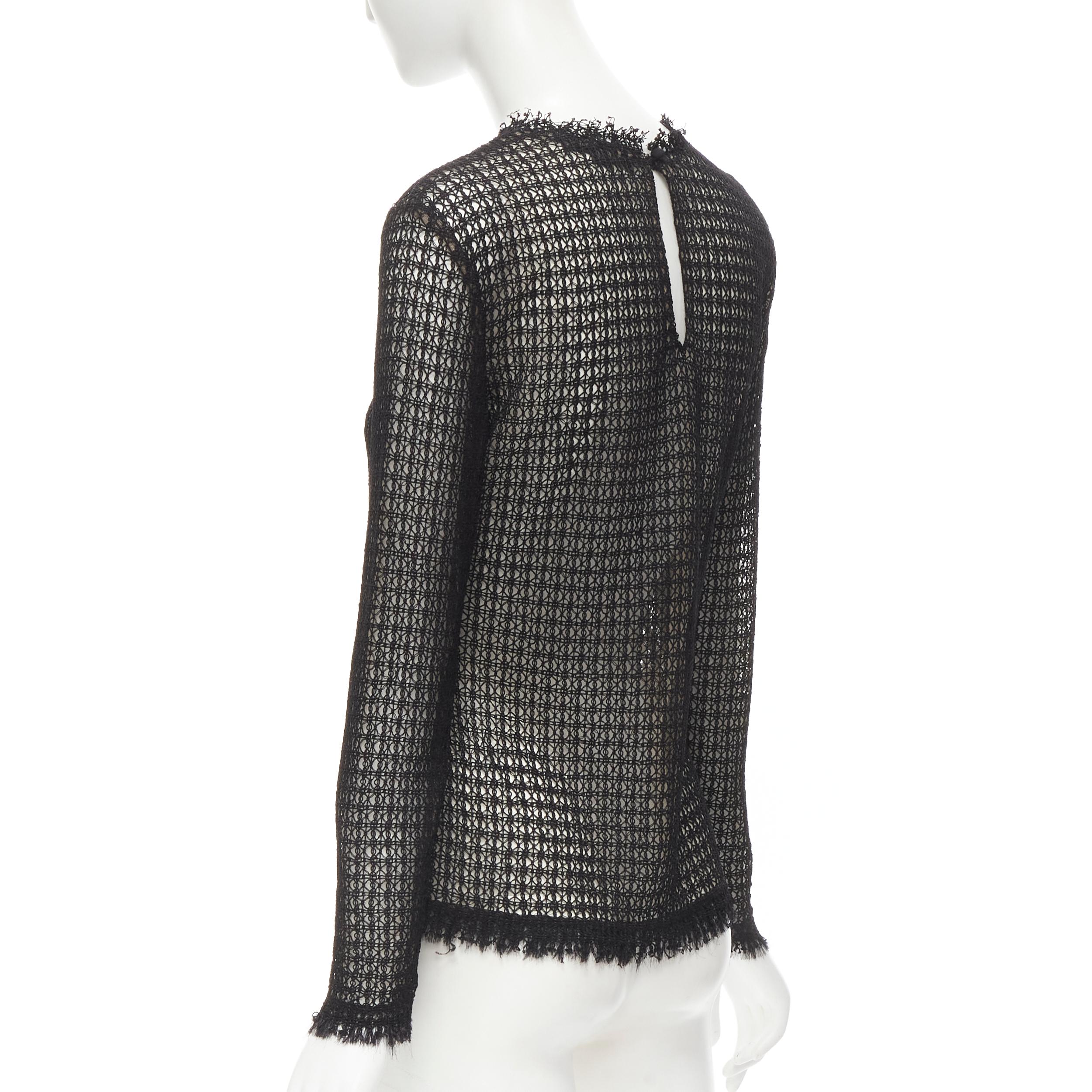ALEXANDER WANG black lattice weave frayed trim nude silk lined top US2 XS In Excellent Condition In Hong Kong, NT