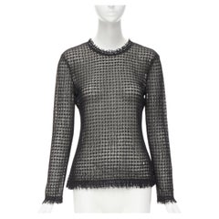 ALEXANDER WANG black lattice weave frayed trim nude silk lined top US2 XS