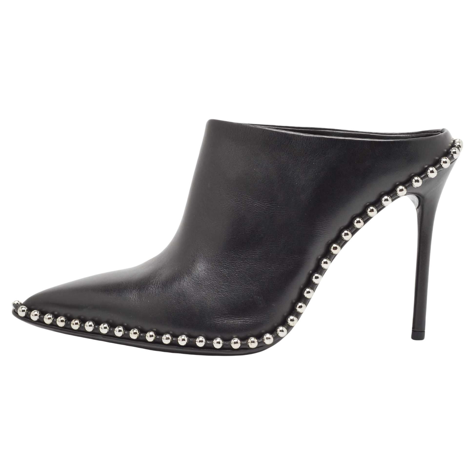 Alexander Wang Black Leather Eri Studded Mules Size 37.5 For Sale