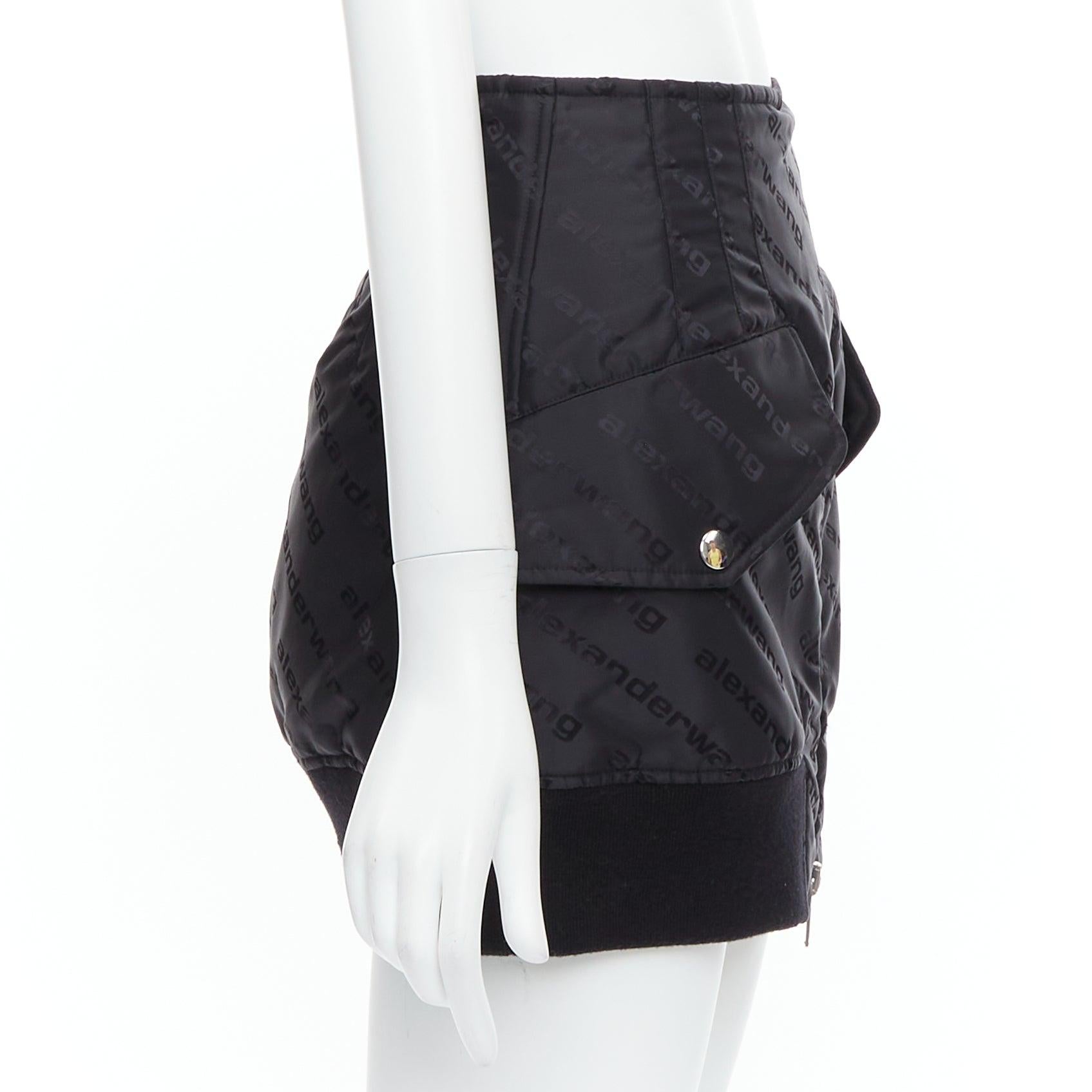 Black ALEXANDER WANG black logo print deconstructed bomber nylon mini skirt US0 XS For Sale