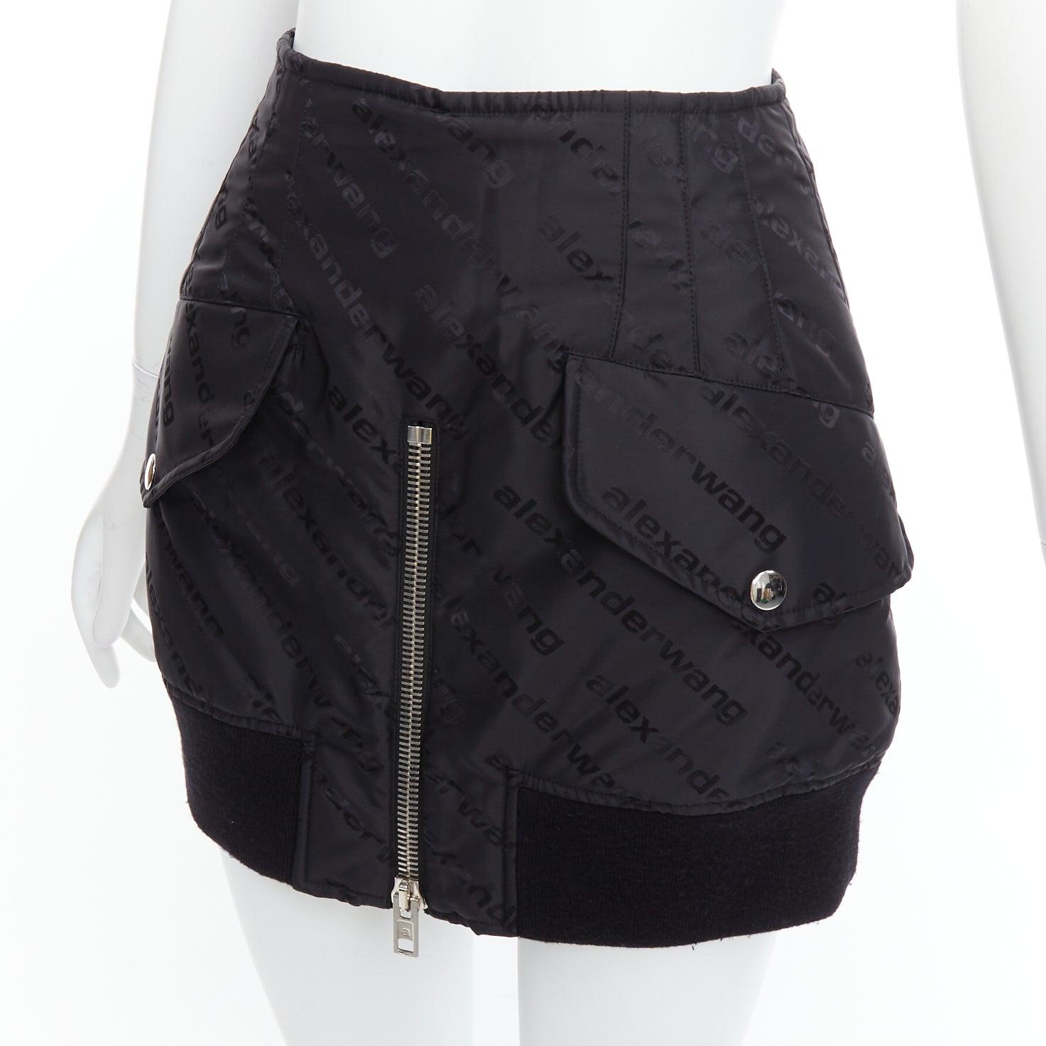 ALEXANDER WANG black logo print deconstructed bomber nylon mini skirt US0 XS For Sale 1