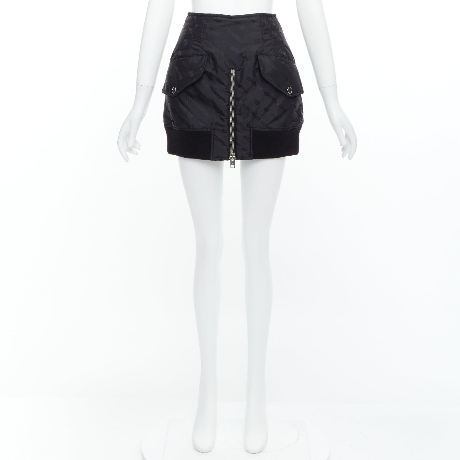 ALEXANDER WANG black logo print deconstructed bomber nylon mini skirt US0 XS For Sale 3
