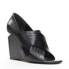 ALEXANDER WANG black mock lizard print cross strap cut out wedge sandal EU38