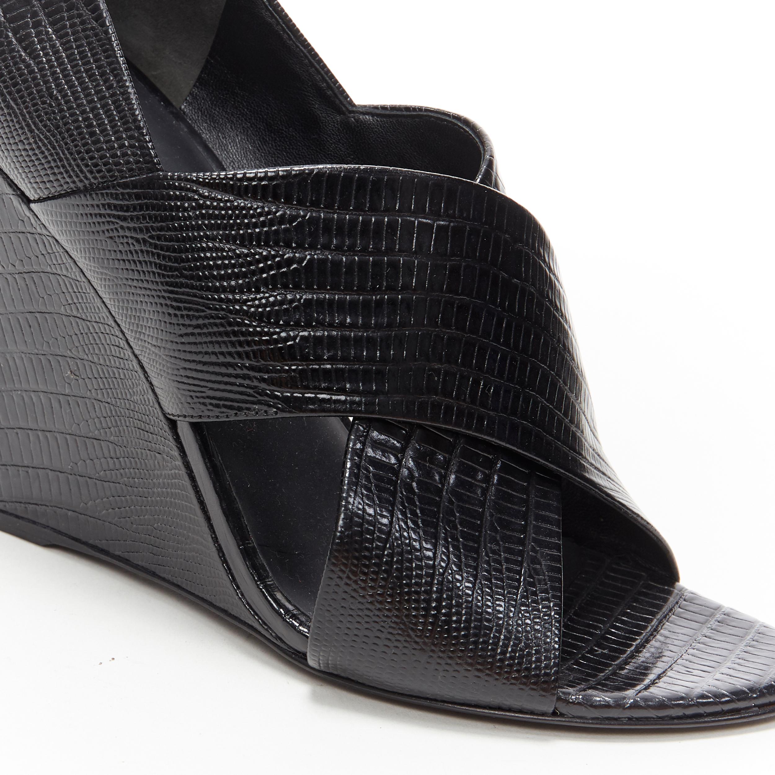 Women's ALEXANDER WANG black mock lizard print cross strap cut out wedge sandal EU38