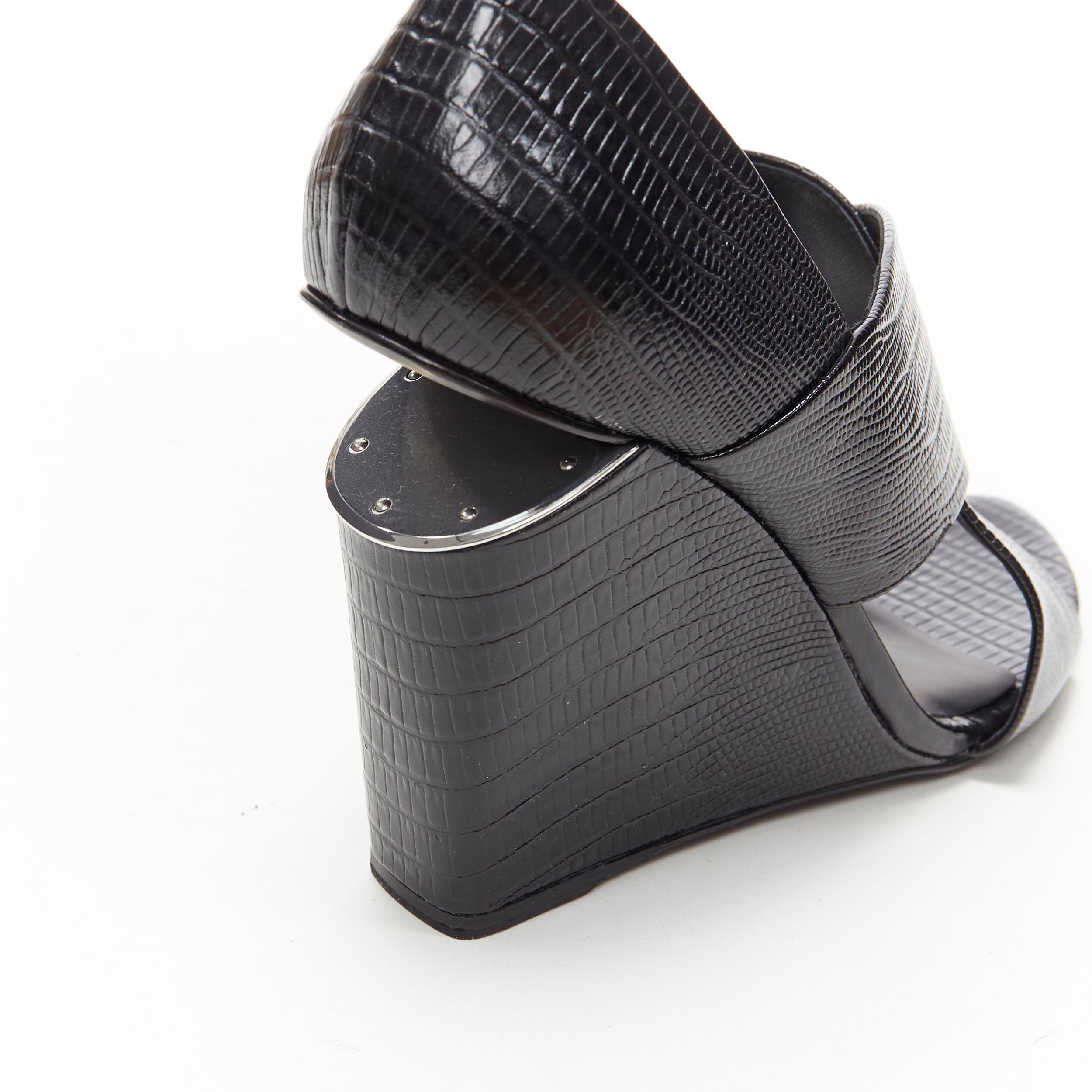 ALEXANDER WANG black mock lizard print cross strap cut out wedge sandal EU38 1