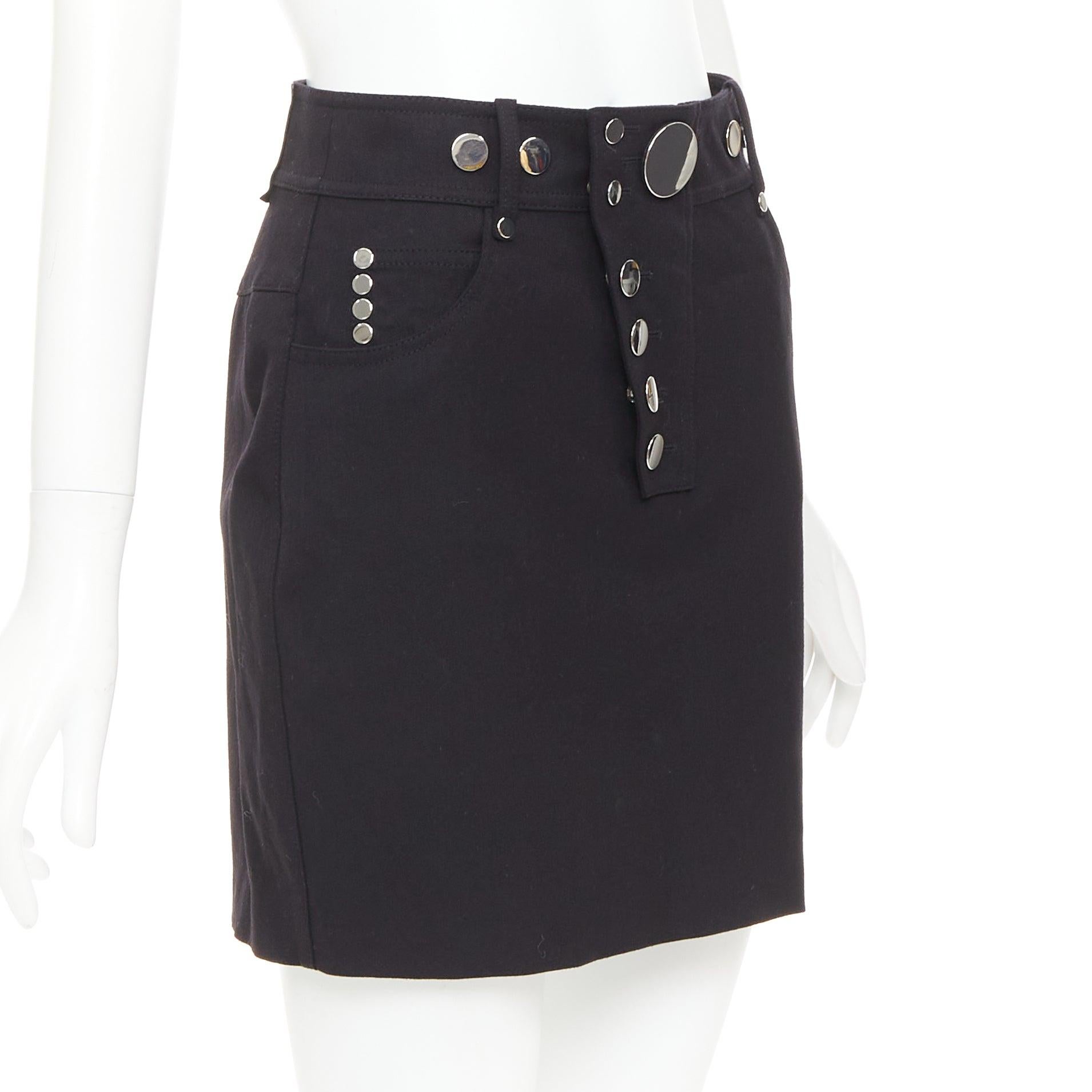 ALEXANDER WANG falda negra de lana virgen espejada con botones a presión plateados US2 S Negro en venta