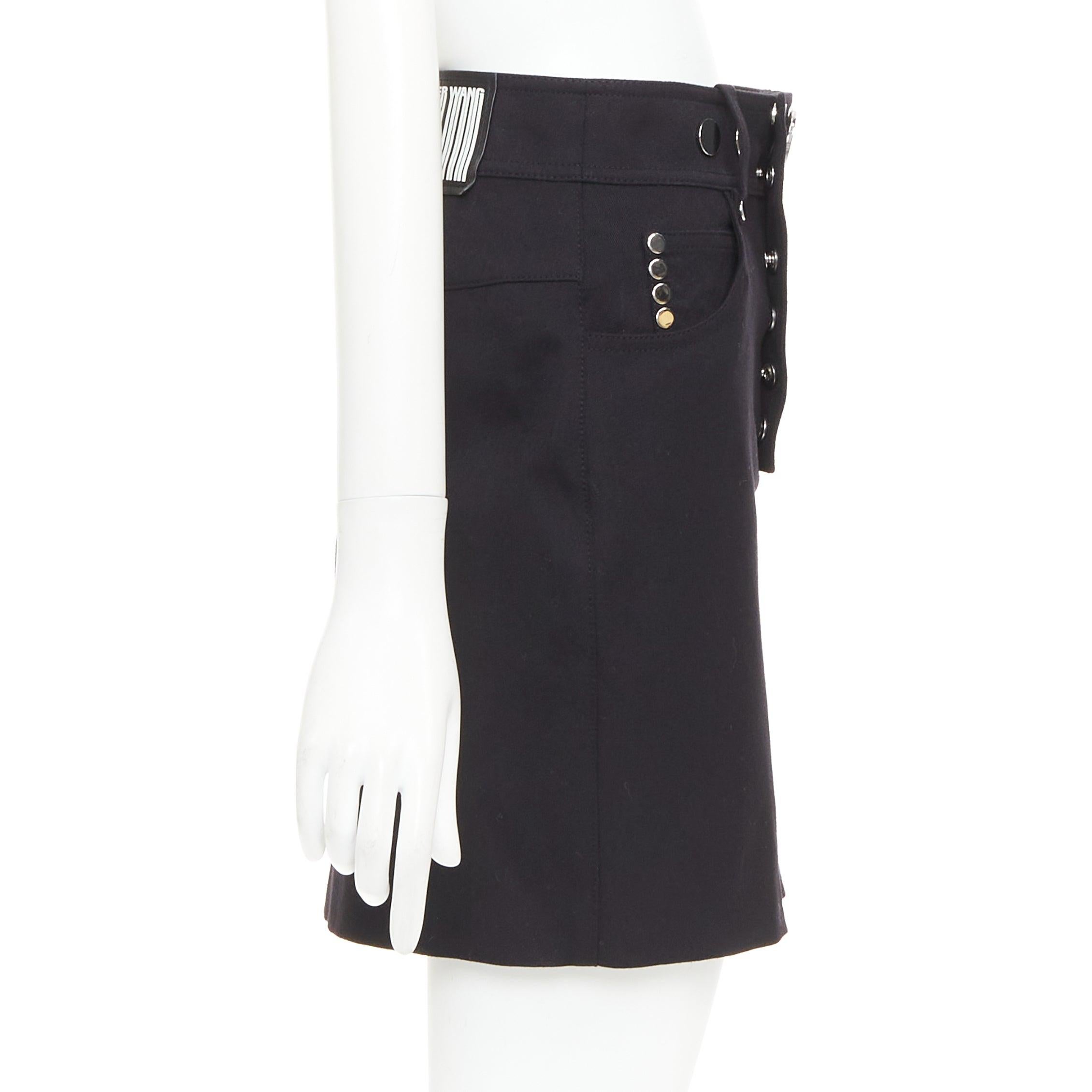 ALEXANDER WANG falda negra de lana virgen espejada con botones a presión plateados US2 S en Excelente estado para la venta en Hong Kong, NT