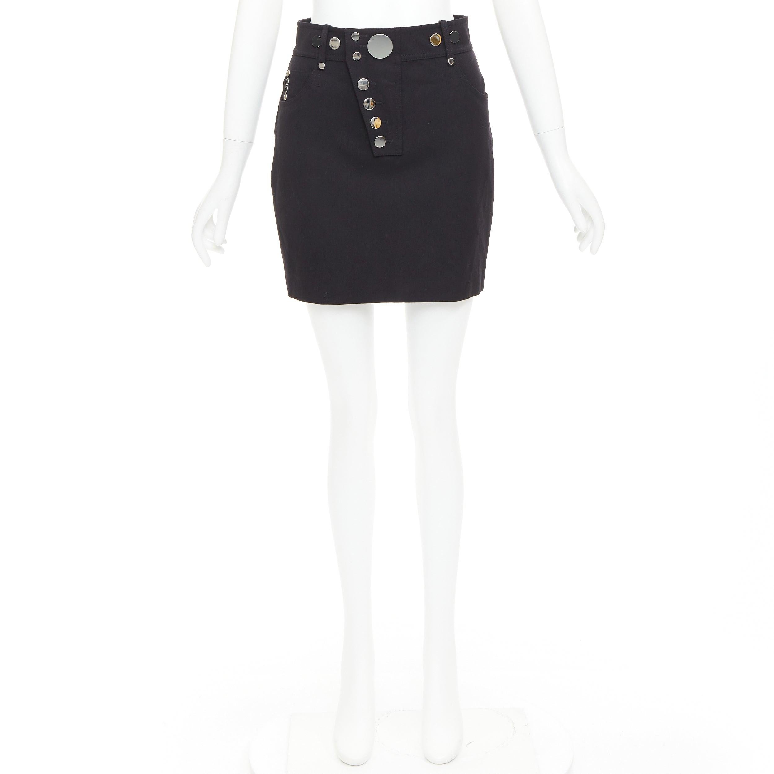 ALEXANDER WANG falda negra de lana virgen espejada con botones a presión plateados US2 S en venta 4