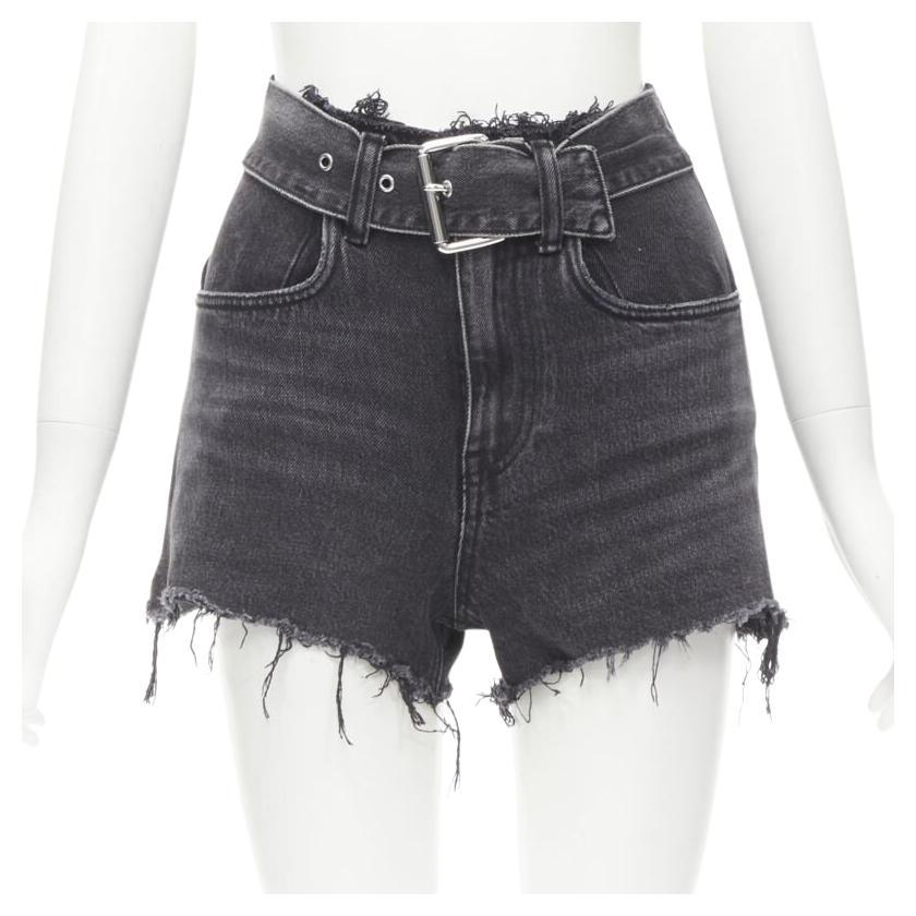 ALEXANDER WANG Schwarz gewaschene Denim-Spiegelschnalle mit silberner Schnalle aus ausgefranstem Denim 24"