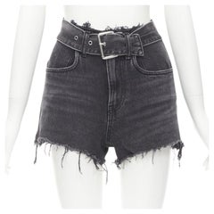 ALEXANDER WANG black washed denim silver buckle cut off frayed shorts 24"