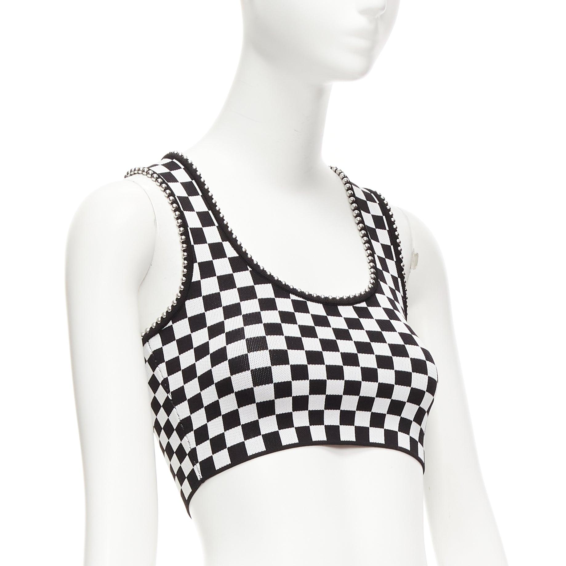 ALEXANDER WANG black white checker silver dome studded bralette top XS In Excellent Condition For Sale In Hong Kong, NT