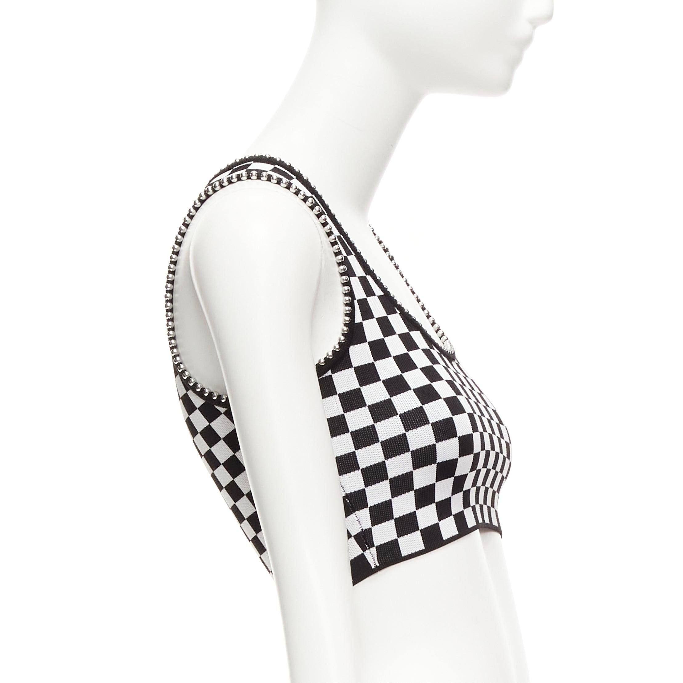 ALEXANDER WANG black white checker silver dome studded bralette top XS In Excellent Condition For Sale In Hong Kong, NT
