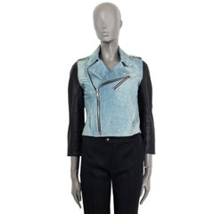 ALEXANDER WANG blue & black DENIM PRINT LEATHER BIKER Jacket 2 XXS