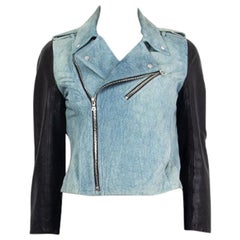 ALEXANDER WANG blue & black DENIM PRINT LEATHER BIKER Jacket 2 XXS