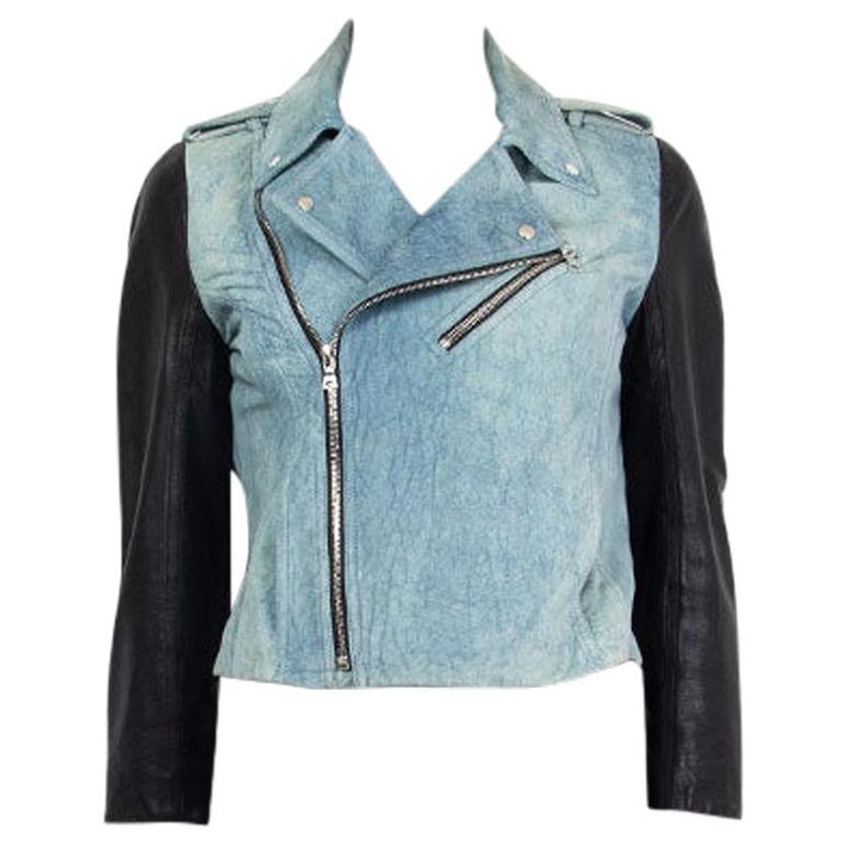 ALEXANDER WANG blue and black DENIM PRINT LEATHER BIKER Jacket 2