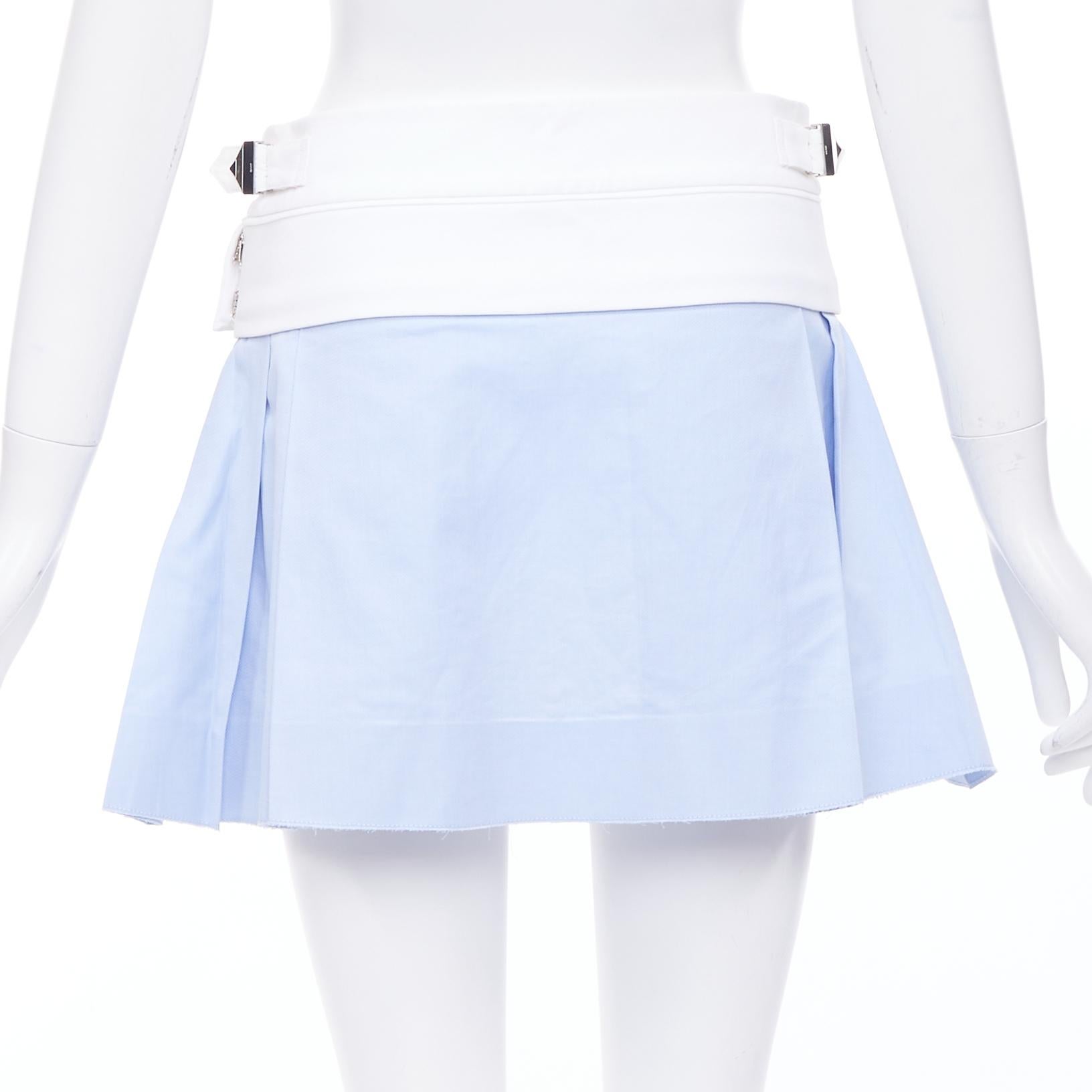 Women's ALEXANDER WANG blue pleated white waistband silver buckle mini skirt US2 S