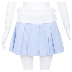 ALEXANDER WANG blue pleated white waistband silver buckle mini skirt US2 S